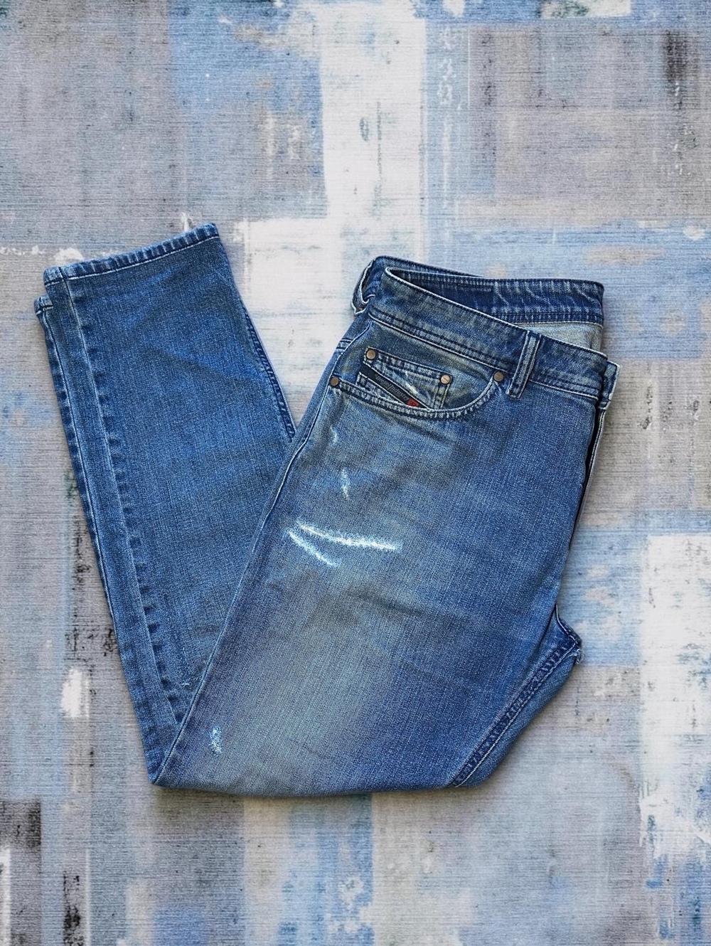 Diesel Mens Jeans W34 L32 Thavar XP Slim Skinny Medium Blue Denim Distressed